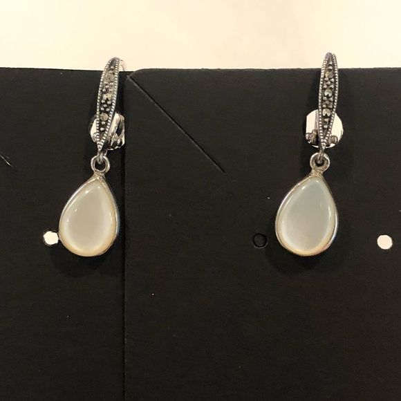 Vintage Sterling Silver Marcasite Mother of Pearl Drop Earrings - Picture 9 of 15